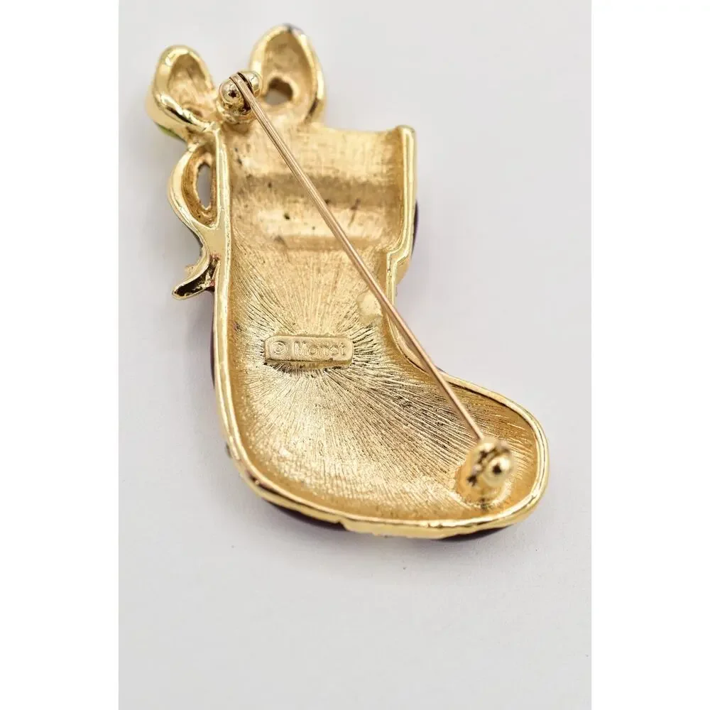 Monet Vintage Christmas Stocking Pin Brooch Red Enamel Bow Crystal Signed BinBG